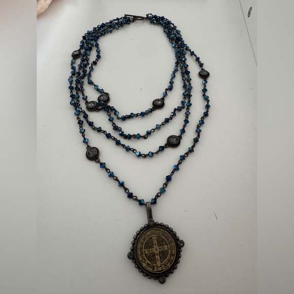 Virgins Saints & Angels Navy Blue and Gunmetal San Benito Medallion Necklace - Picture 5 of 7
